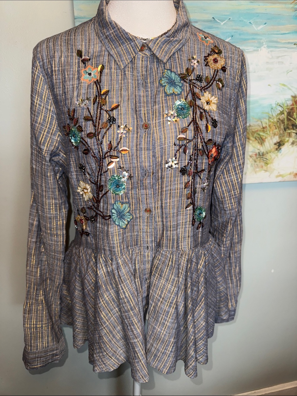 HD in Paris Blue Striped Embroidered Peplum Tunic